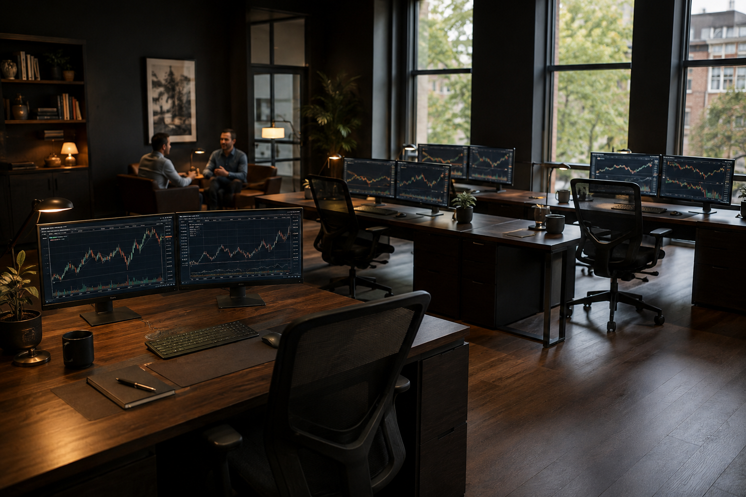 Workspace concept with wooden trading desks, dual monitors, and a sunlit space for conversation